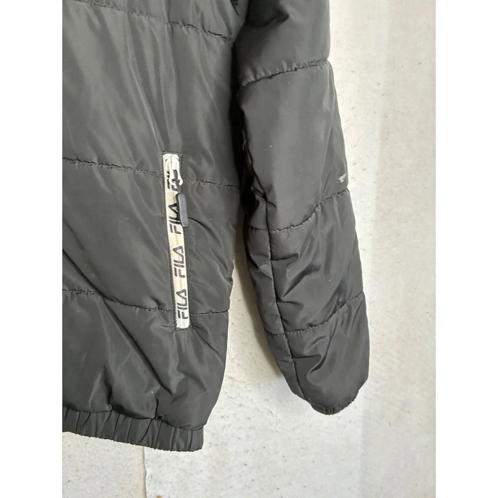 FILA Mens Black White Colorblock Puffer Jacket Full Zip Logo Tape Quilted Small